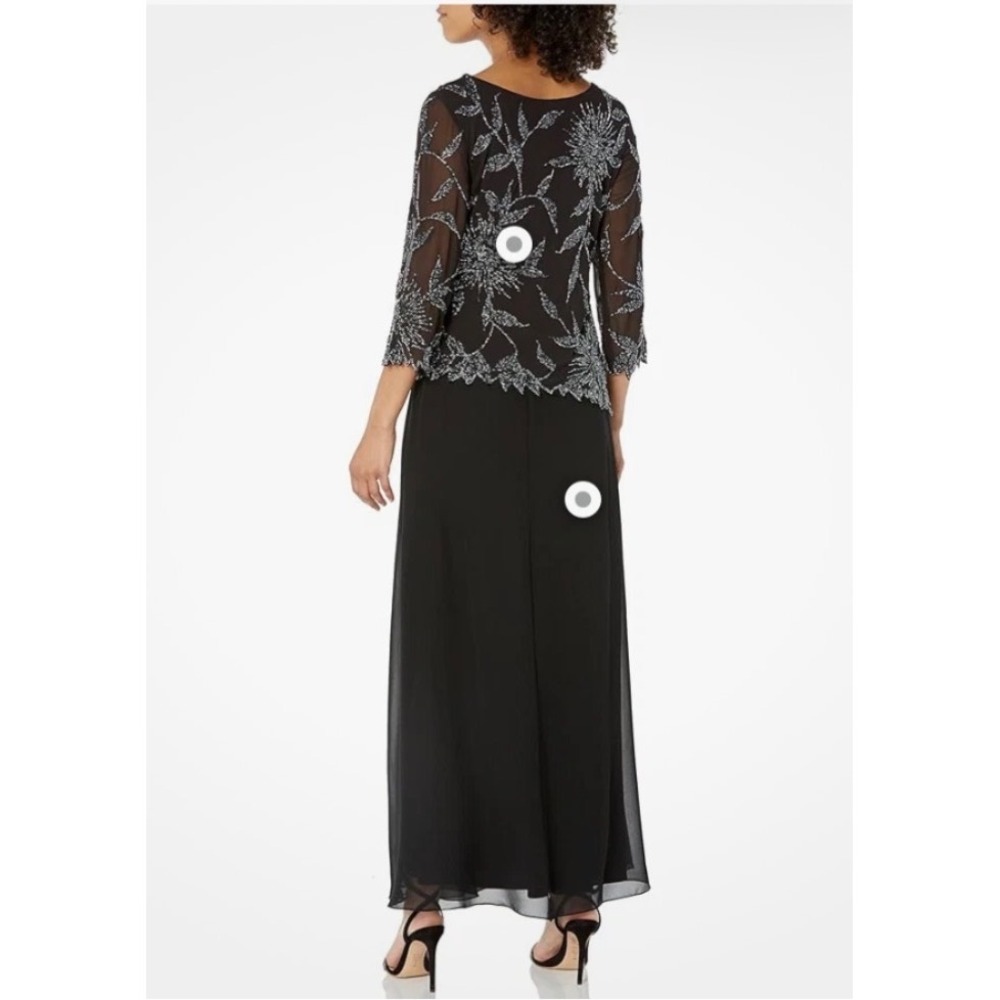 J Kara Black Beaded Floral Chiffon Gown 3/4 Sleeve Formal Evening Dress 8P NWT - Picture 2 of 13